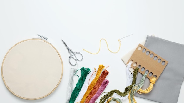 Colorful embroidery threads and hoop